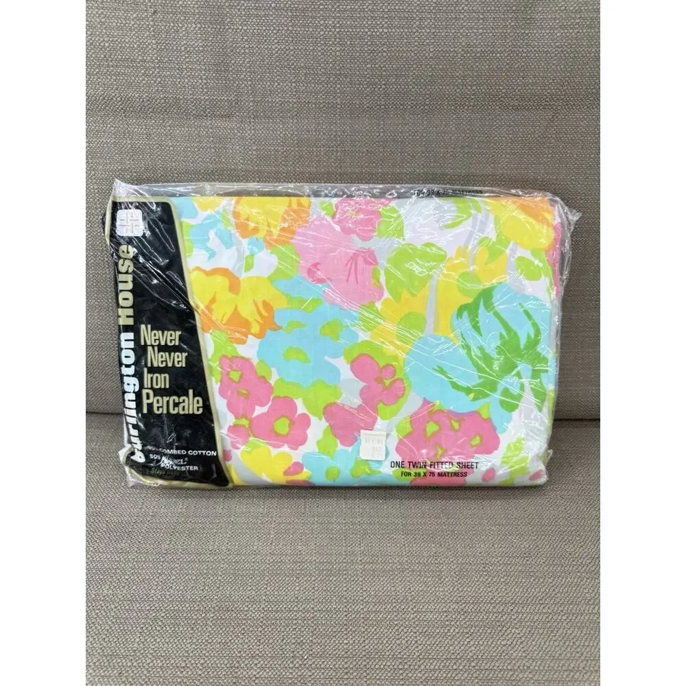 VTG Burlington House Never Iron Twin Fitted Sheet NOS Mod Floral Flowers 1960s